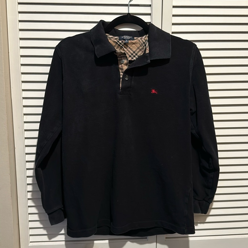 Burberry Long-Sleeve 100% Cotton Polo Shirt Black Classic Plaid Size Small